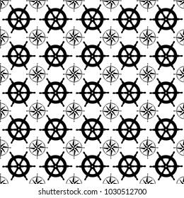 Maritime mood. Seamless nautical pattern with steering wheels and compass, vector illustration