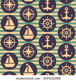 Maritime mood, Seamless nautical pattern with steering wheels, ships, anchors, roses of wind, vintage style, striped background