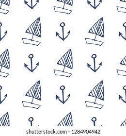 Maritime mood, Seamless nautical pattern with ships and anchors. Boat, anchor dark blue images on white background. Seamless pattern with ship, anchor, ship icon.