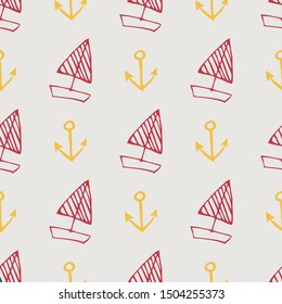 Maritime mood, Seamless nautical pattern with ships and anchors. Boat, anchor dark blue images on white background. Seamless pattern with ship, anchor, ship icon.