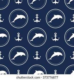 Maritime mood, Seamless nautical pattern with silhouettes of dolphins and anchors