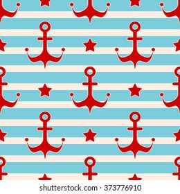 Maritime mood, Seamless nautical pattern with anchors, stars and sailor stripes