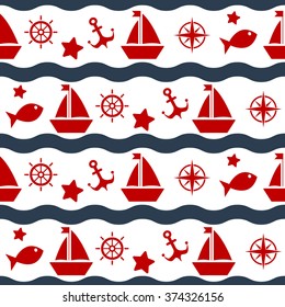 Maritime mood, Seamless nautical pattern with silhouettes, retro symbols