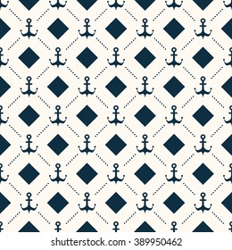 Maritime mood, Seamless nautical pattern with anchors and rhombus, deep blue color, monochrome repeating pattern