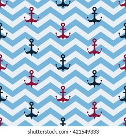 Maritime mood, Seamless nautical pattern with anchors, zig-zag background