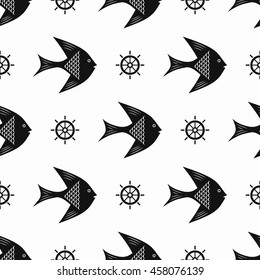 Maritime mood, Seamless nautical pattern with fishes and steering wheels, black-and-white