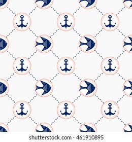 Maritime mood, Seamless nautical pattern with fishes and anchors