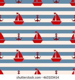 Maritime mood, Seamless nautical pattern with ships and anchors, striped background