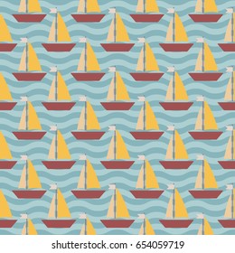 Maritime mood, Seamless nautical pattern with ships and striped background