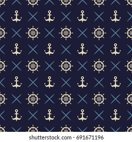 Maritime mood, Seamless nautical pattern with steering wheels and anchors