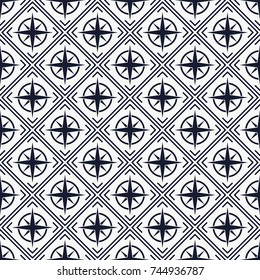 Maritime mood, Seamless nautical pattern with rose of wind, striped background