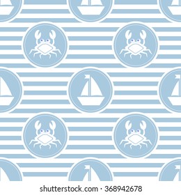 Maritime mood, Seamless pattern with icons, crabs and ships, striped background, light blue