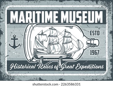 Monocromo del volante del museo marítimo monocromo con velero en miniatura en botellas y reliquias históricas de texto de gran ilustración vectorial de Expeditions