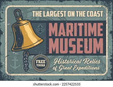 Afiche de color vintage del museo marítimo con campana dorada del barco de cubierta para exhibición de la colección de reliquias piratas ilustración vectorial