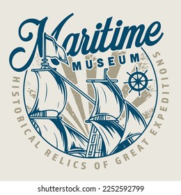 Museo marítimo emblema vintage colorido barco de vela mástil y encabezado exposición histórica con reliquias de grandes expediciones ilustración vectorial