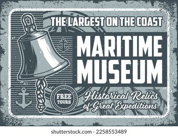 Afiche monocromo vintage del museo marítimo con campana de barco y reliquias históricas de grandes expediciones ilustración vectorial