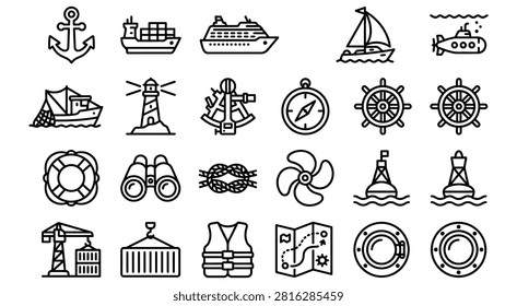 Maritime and nautical icon set with steering wheel life vest nautical