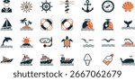 Maritime and nautical icon set. Vector glyph pictograms of ship, anchor, compass, lighthouse, dolphin, sailing, marine life, ocean travel black silhouette illustration