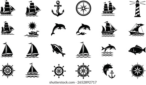 Maritime and nautical icon set. Vector glyph pictograms of ship, anchor, compass, lighthouse, dolphin, sailing, marine life, ocean travel black