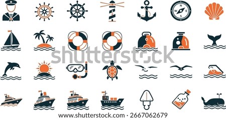Maritime and nautical icon set. Vector glyph pictograms of ship, anchor, compass, lighthouse, dolphin, sailing, marine life, ocean travel black silhouette illustration