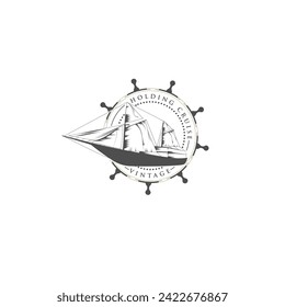 Maritime nautical logo design.
illustration of rounded shape steering wheel icon symbol sailboat.
