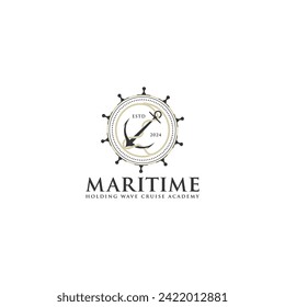 Maritime nautical logo design round icon shape. illustration of steering wheel anchor symbol on golden rope.