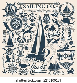 Maritime nautical sailing and marine design elements vector clipart silhouette collection 