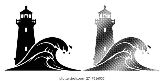 Maritime nautical scene, ocean surf illustration, beacon tower, coastal sea landscape