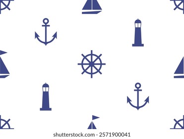 Maritime Nautical sea ocean tile background repeat wallpaper. Anchor Seamless pattern. Vector of Anchors, lighthouse, boat pattern for wallpaper, fabric clothes, gift wrap paper ,web page background