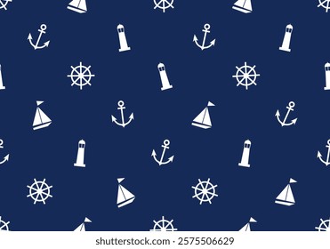 Maritime Nautical sea ocean tile background repeat wallpaper. Anchor Seamless pattern. Vector of Anchors, lighthouse, boat pattern for wallpaper, fabric clothes, gift wrap paper ,web page background