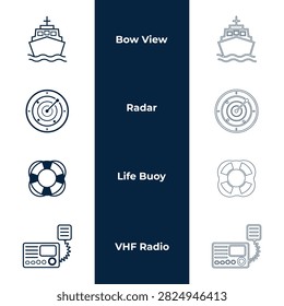 Maritime navigation and vessel safety line vector icon set featuring ship bow view, marine radar screen, life buoy ring, and VHF radio.