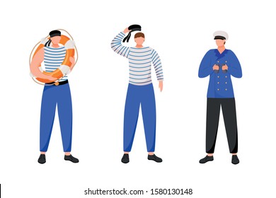 Maritime occupation flat vector illustration. Marine professions. Seafarers in work uniform. Sailors and navigator in work uniform isolated cartoon characters on white background