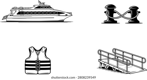Maritime and Passenger Ferry Icon Set Featuring Speedboat Yacht, Mooring Bollard with Rope, Safety Life Jacket, and Gangway Ramp Vector Illustration.eps