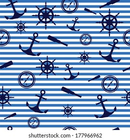 Maritime Pattern: Anchor, The Wind Rose, Control Wheel, Spyglass. Vector