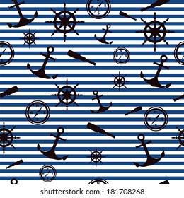 maritime pattern: anchor, the wind rose, control wheel, spyglass. Vector