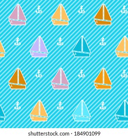 Maritime pattern with colorful boats over striped background