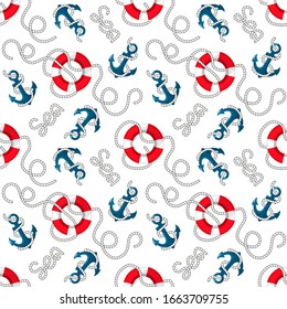 Maritime pattern of lifebuoy, anchor and ship's rope in the red and blue colors. Vector seamless pattern on a white background. For textile and print design