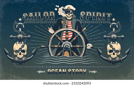 Maritime pirate retro poster with a skull captain at the helm and anchors. Pirate vintage poster with a grunge effect. Vector illustration with a distressed effect.