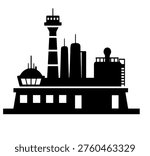 Maritime Port Control Tower and Coastal Industrial Facility Silhouette Vector Illustration for Shipping Logistics and Navigation Design
