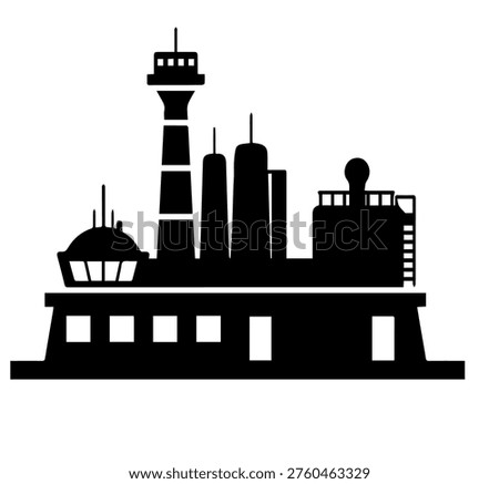 Maritime Port Control Tower and Coastal Industrial Facility Silhouette Vector Illustration for Shipping Logistics and Navigation Design