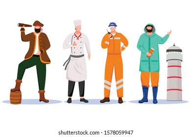 Maritime professions flat vector illustration. Ship cheaf and lighthouse keeper. Marine occupation. Pirate and engineer isolated cartoon characters on white background