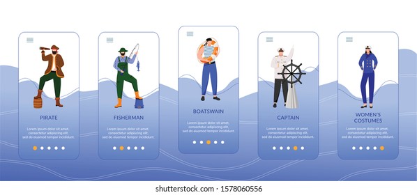 Maritime professions onboarding mobile app screen vector template. Captain and fisherman. Womens costumes. Walkthrough website steps, flat characters. UX, UI, GUI smartphone cartoon interface concept