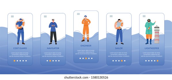 Maritime professions onboarding mobile app screen vector template. Coast guard, engineer and navigator. Walkthrough website steps with flat characters. UX, UI, GUI smartphone cartoon interface concept