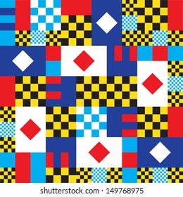 Maritime Sailing Flag Code pattern in red, blue, yellow, and black geometric shapes