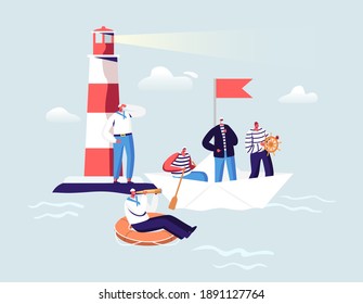 Maritime Sailors Concept. Ship Crew Male Characters in Uniform at Beacon in Ocean. Captain, Sailors in Stripped Vest with Steering Wheel and Life Buoy on Paper Boat. Cartoon People Vector Illustration