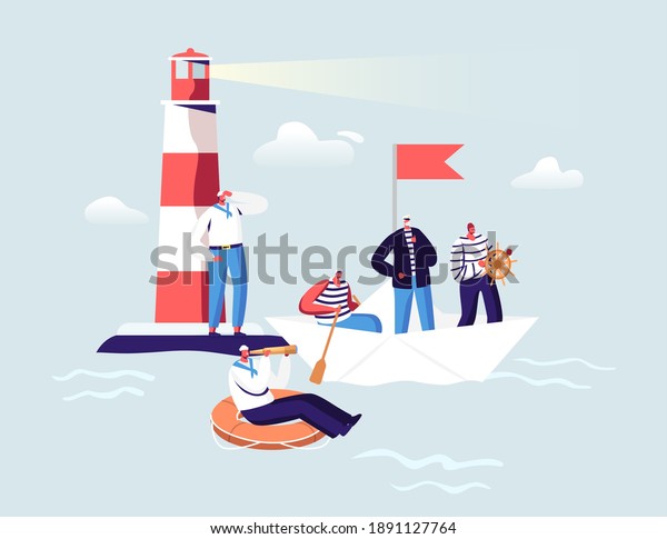 Maritime Sailors Concept. Ship Crew Male
Characters in Uniform at Beacon in Ocean. Captain, Sailors in
Stripped Vest with Steering Wheel and Life Buoy on Paper Boat.
Cartoon People Vector
Illustration