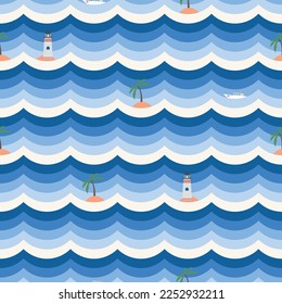 maritime sea cartoon seamless pattern  with a boat , island with palm tree and lighthouse vector. Children's drawing style cartoon wallpaper