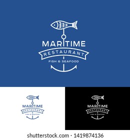 Maritime Seafood and Fish Restauraunt Logo. Fish and Letters with Ribbon. Premium Emblem. Heraldic option.