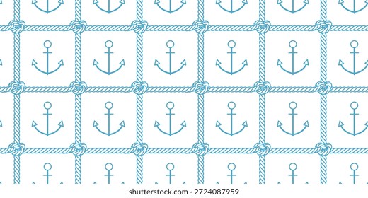 Maritime seamless pattern with anchors and rope net. Abstract summer background with blue outline boat cord with sailor knot and anchor. Navy seamless pattern with sailing net, vector illustration 