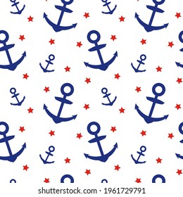 Maritime seamless pattern with navy blue anchors and red stars. Vector Nautical background. Perfect for wrappers, fabric, postcards, greeting cards, wedding invitations, romantic events, etc.